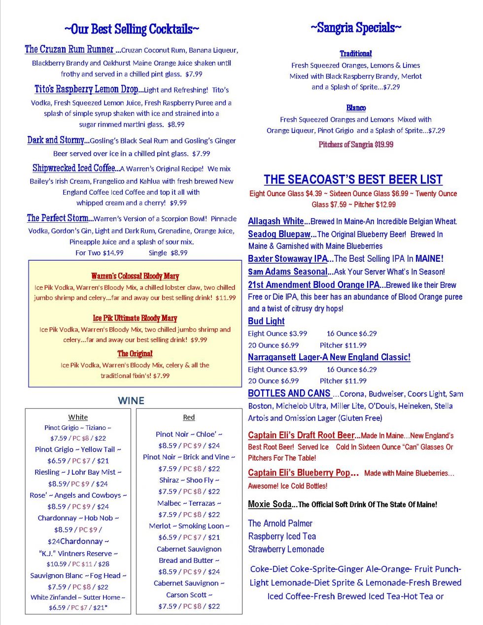 Current Menu - Warren's Lobster House